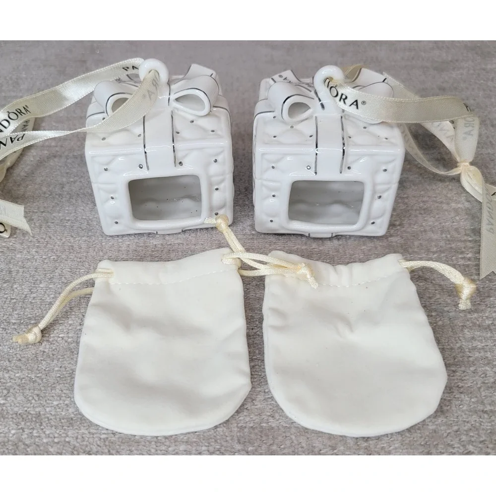 2 Pandora Gift Box Ornaments 2016 Porcelain White Christmas Holiday w Pouches